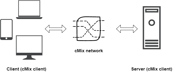 The client and server applications are both cMix clients, interfacing with the cMix network using the Client API.